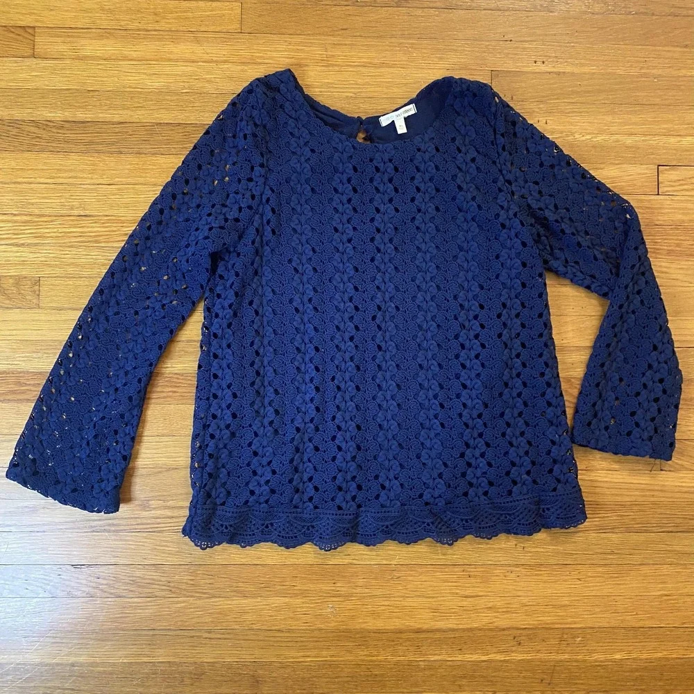 Self Esteem Shirt Womens XL Navy Crochet Lace Long Sleeve Scalloped Hem Lined
